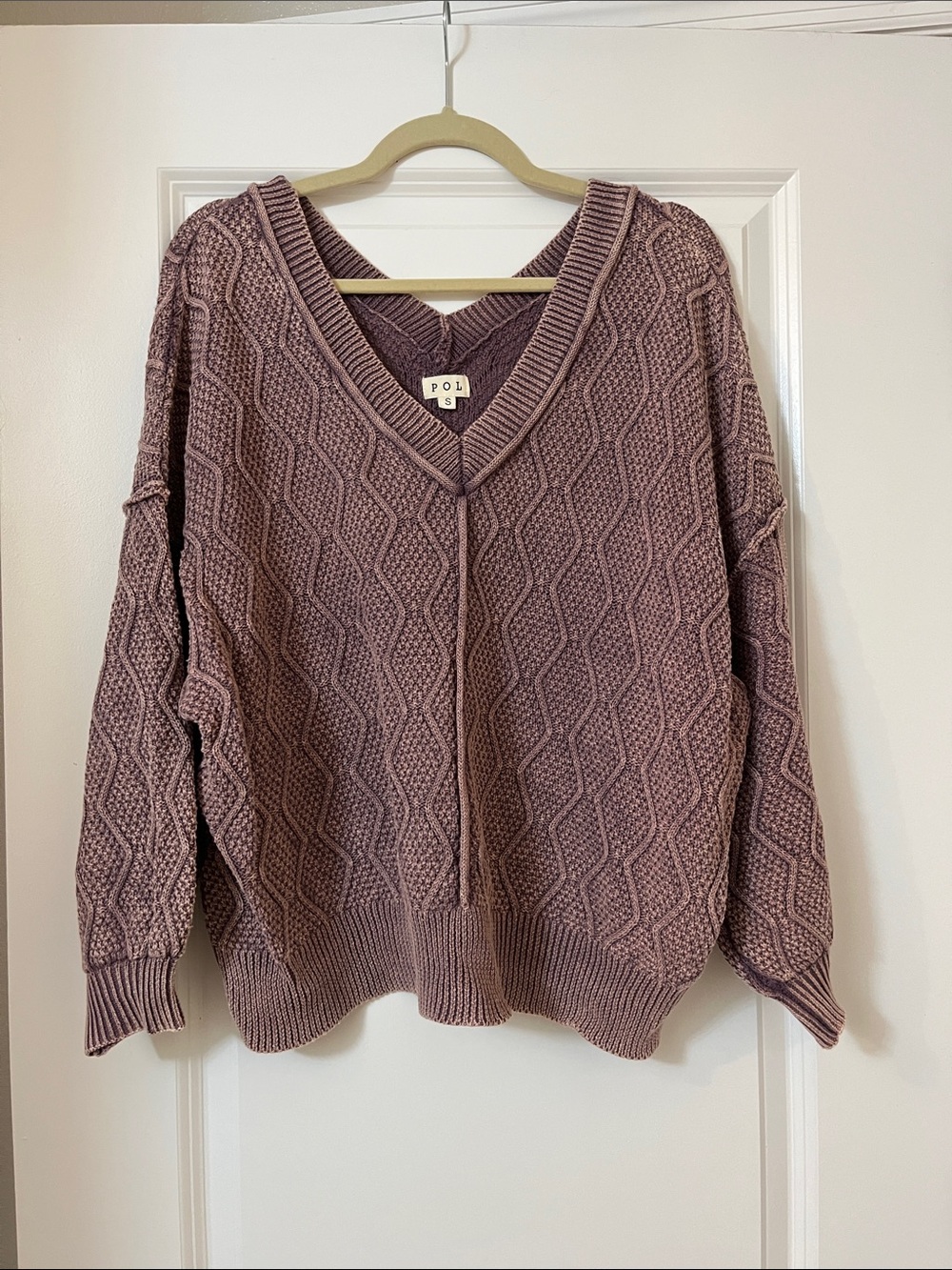 POL Dusty Mauve V-Neck Cable Knit Sweater